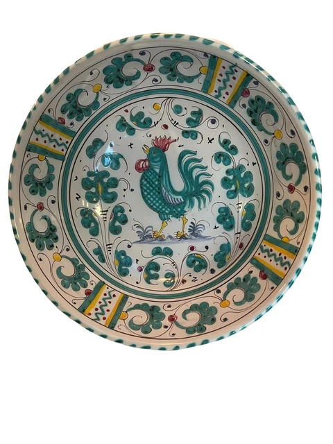 Vintage Majolica Deruta Italy  Pottery Green Rooster Bowl 10” X 4” Italian