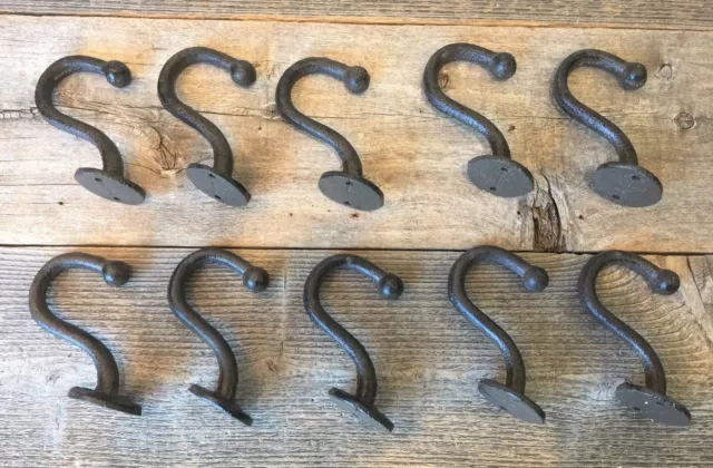 5 RUSTIC COAT HOOKS CAST IRON ACORN 3 1/4 LONG HOOK HAT WALL