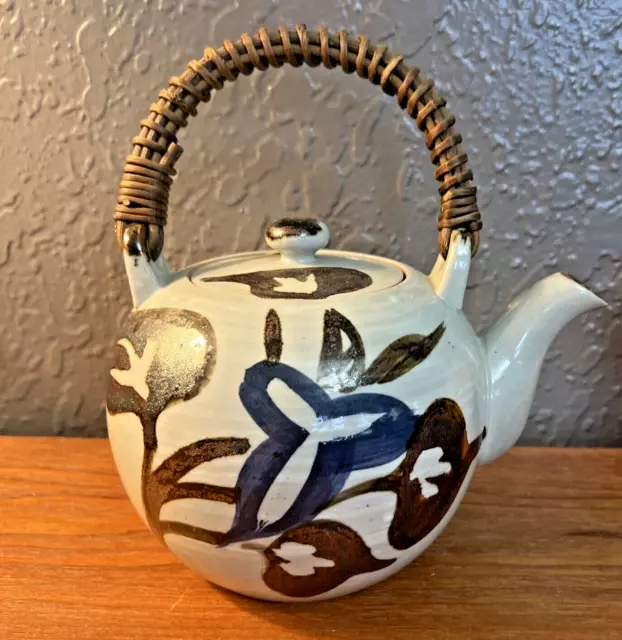 Teapot  Pottery Painted Asian Style Bamboo Handle