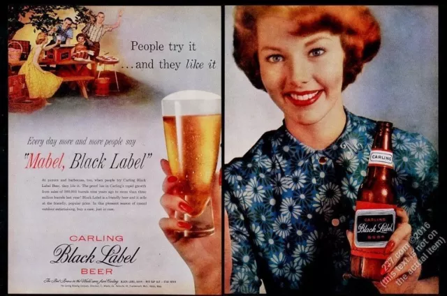 1958 Carling Etichetta Nera Birra Donna Con Bottiglia Colore Foto Big Vintage Ad
