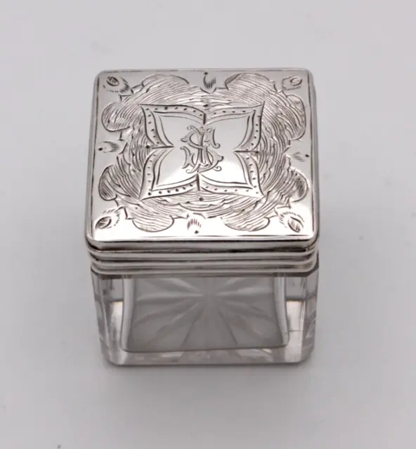 Pretty Victorian small silver plated and glass square vanity box 4 cm