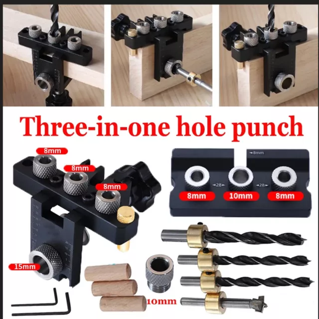 Adjustable Woodworking 3 IN1 Doweling Jig Kit Pocket Hole Drilling Guide Locator