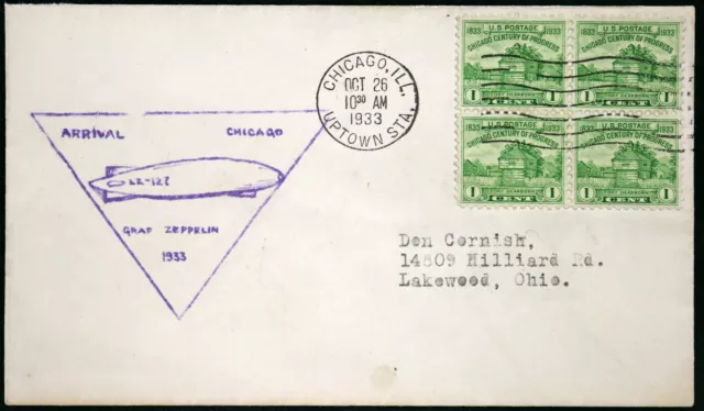 CHICAGO WORLD'S FAIR 1933 Graf Zeppelin Arrival Cachet Stamp Block ...