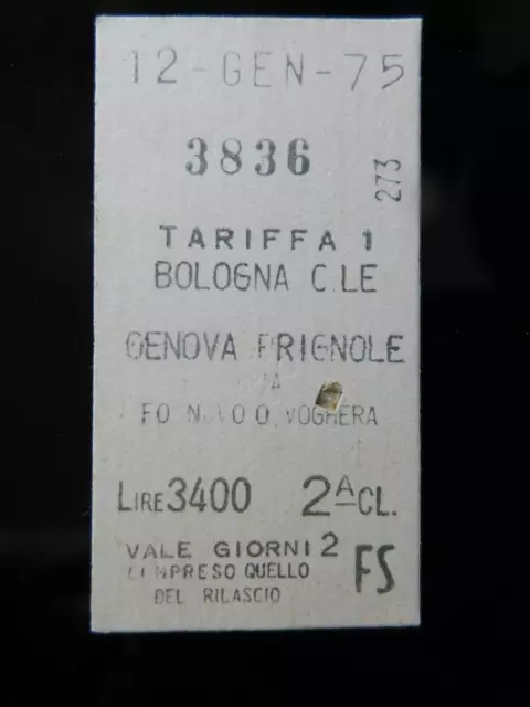 13.1.2) Biglietto Treno 12/1/1975 Tariffa 1 Bologna Centrale Genova Brignole