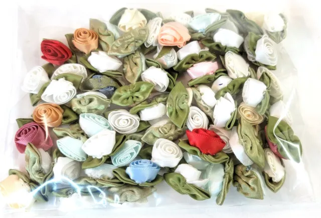 50 Satin Ribbon Rose Flower 3/4"-1/2" Applique Sewing Bow Craft