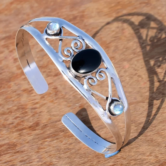 Bracelet Manchette Argent Massif Filigrane Art Déco Indochine - Ancien Signé - 7 Cm