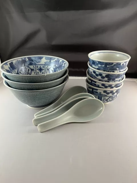 Set of 11 Pieces Vintage Japanese Blue White - 3 Bowls 4 Spoons 4 Cups Matching