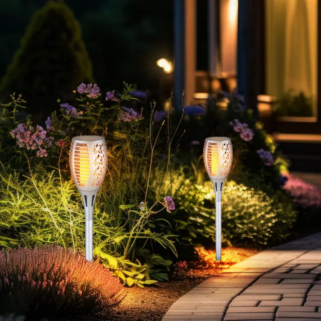 Solarlampe Außenlampe Gartendeko LED Flammeneffekt Terrassenlampe silber 2er Set