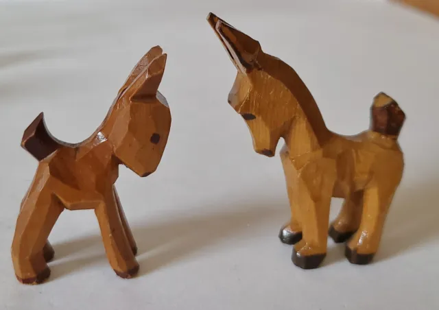 Lot of 2 Vintage Hand Carved Wooden Mules/Donkeys