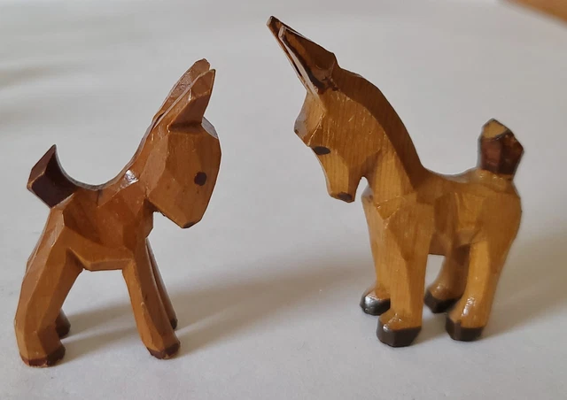 Lot of 2 Vintage Hand Carved Wooden Mules/Donkeys