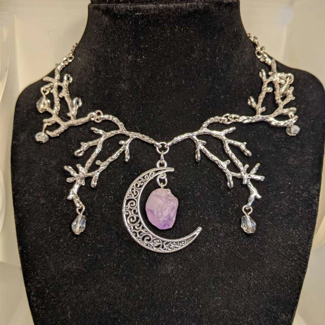 New Fashion Hollow Moon Pendant Purple Natural Crystal Silver Branch Necklace