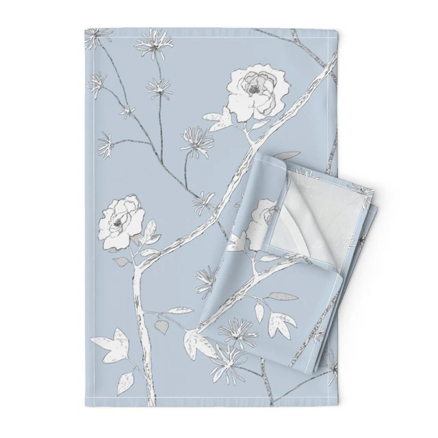 Chinoiserie Birds On Branch And Linen Cotton Tea Towels Spoonflower Set of 2