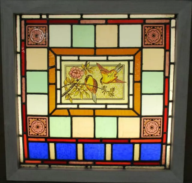 OLD ENGLISH LEADED STAINED GLASS WINDOW Hand Painted Birds 22" x 22"
