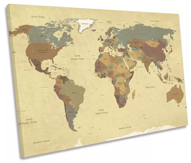 Map of the World Print SINGLE CANVAS WALL ART Picture Beige