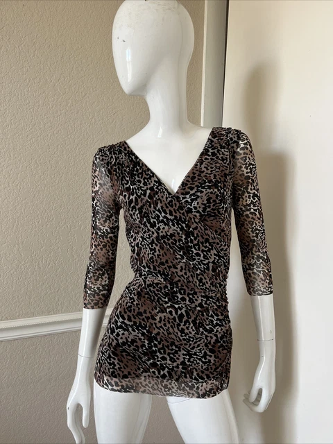 ELANA KATTAN NEW! Black/Brown Leopard Animal Print Stretch Faux Wrap Top XS