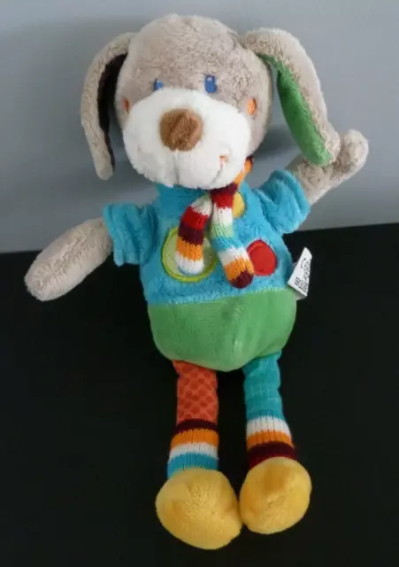 R99. DOUDOU PELUCHE MOTS D'ENFANTS CHIEN LAPIN GRIS BLEU VERT JAUNE 30cm - TTBE