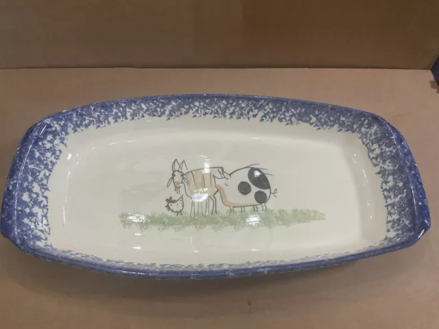 Molly Dallas Pottery Bread Tray Dish Chicken Goat Pig Blue Spatterware 14 Inches