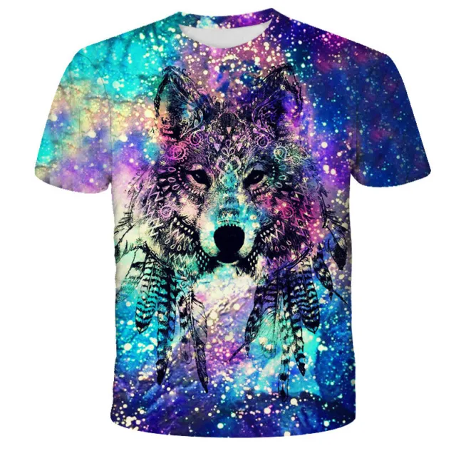 T Shirt Galaxy Wolf Animal 3D Cartoon Graphic Double sided Short Sleeve Sz L M S