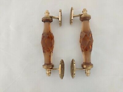 Pair Vntg. Look Brass Amber color Victorian Cut Glass Pull Push Door Handle