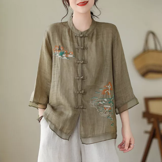 Retro Chinese Style Women's Embroidered Flower Cotton Linen Top Shirts Tops 3