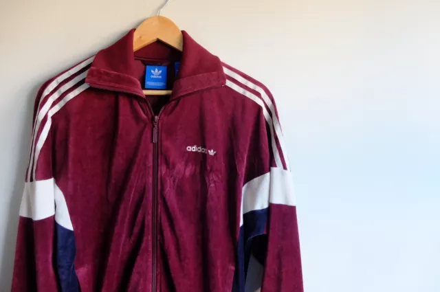 Giacca da pista Adidas Originals velluto velluto S trifoglio borgogna Challenger in perfette condizioni