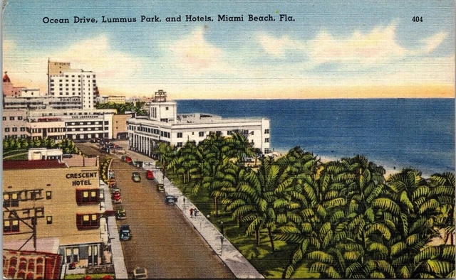Lummus Park & Hotels Miami Beach Florida Scenic Ocean Drive Linen Postcard