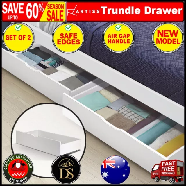 Artiss 2x Storage Drawers Trundle for Single Wooden Bed Frame Base Timber White.