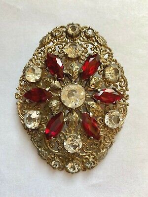 Vintage Gold Brass Tone Large Red Marquise Rhinestone Clear Filigree Pendant