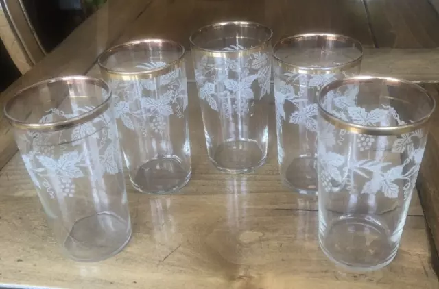 VTG Bartlett Collins Frosted Grape Vine Gold Trim 8 Oz Tumbler Straight Set of 5