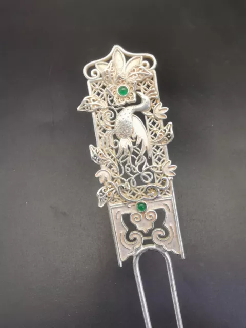 Chinese Craft Made Old Tibetan Silver Inlaid Ice Green Jade Silver Hairpin 2