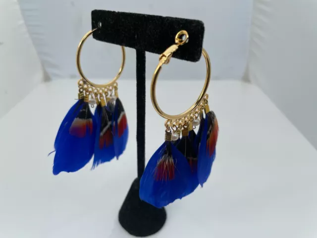 Panacea Earrings Gold Tone Hoops Feathers Blue dangle lever back Women Jewelry N 2
