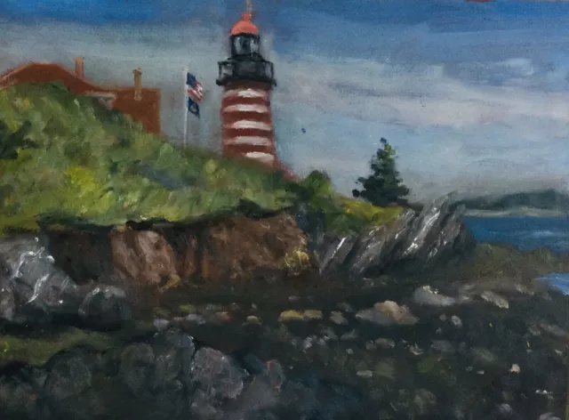 West Quoddy Head Lighthouse In Lubec Maine Original Oil Painting