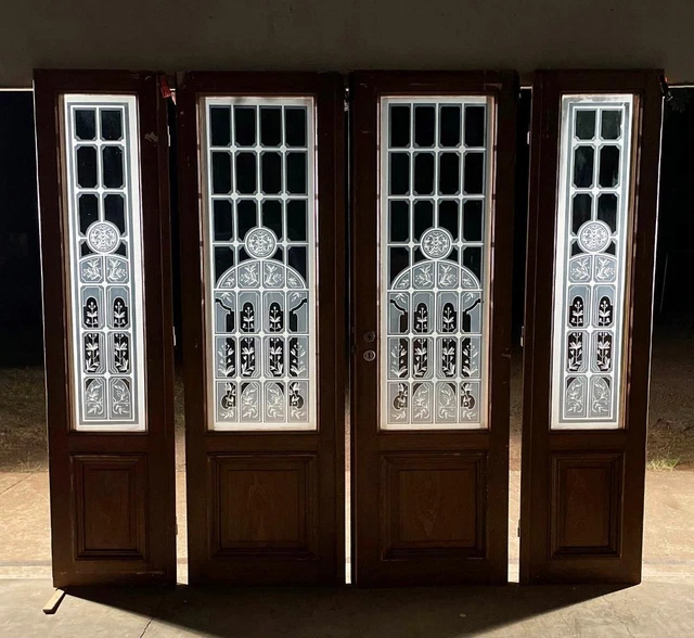 *Set of 4 Antique French Etched Glass Doors Frosted Glass with Pine Frames