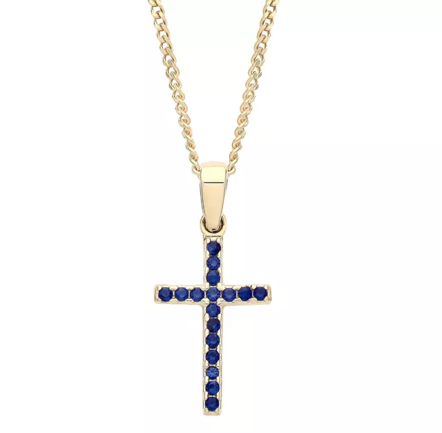 9ct Gold Sapphire Cross REVERSIBLE Pendant Necklace + 18" Chain