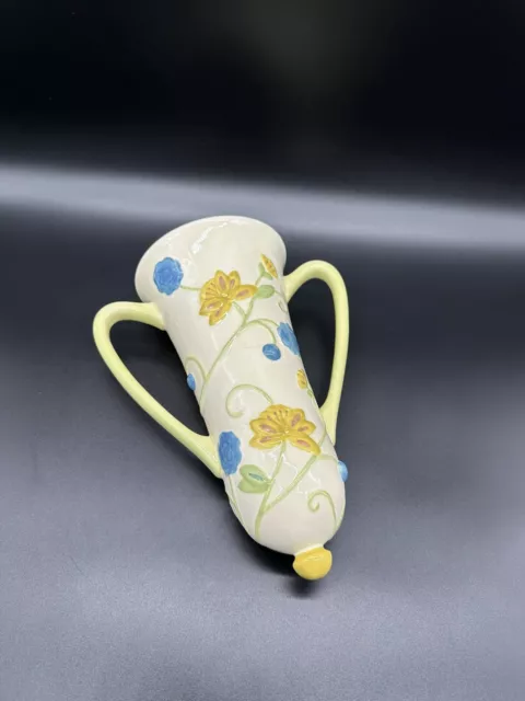 Mary Engelbreit Wall Pocket Vase Yellow Floral Handles Ceramic 2005 Blue Flowers