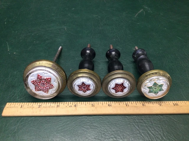 Antique Lot of 4 Victorian Star Sulphide Glass & Brass Curtain Tie Backs