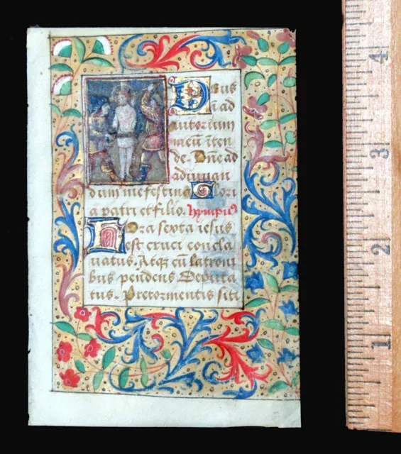c. 1500 MEDIEVAL BOOK OF HOURS LEAF, FRANCE, ILLUMINATED MINIATURE and BORDERS c. 1500 MEDIEVAL BOOK OF HOURS LEAF, FRANCE, ILLUMINATED MINIATURE and BORDERS