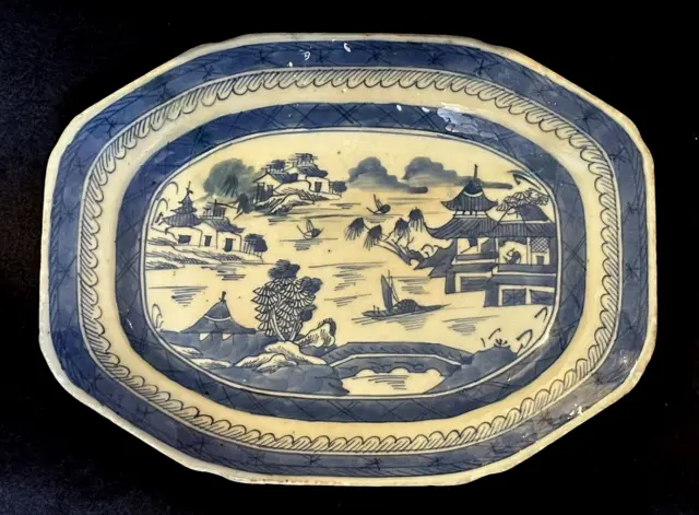 19th C. Antique Chinese Blue & White 10.25" Porcelain Platter Canton Export