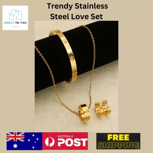 4Pcs Trendy Stainless Steel Love Set Women/Men Bangle Earrings Necklace Ring