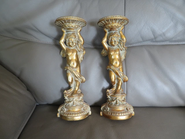 Bougeoir Flambeau Angelot/Putti - Cuivre Et Laiton Doré - Style Art Déco - Fait Main