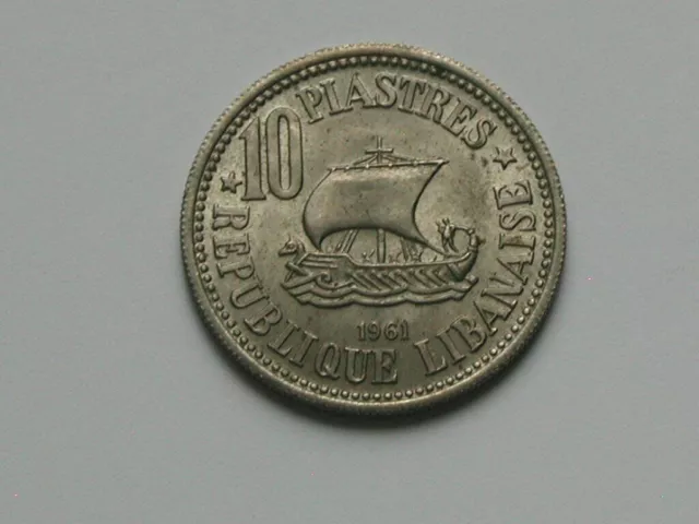 Lebanon 1961 10 PIASTRES Coin AU+ with Toned-Lustre & Ancient Sail Ship