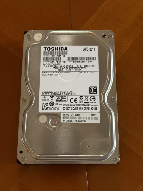 Disque Dur Interne Toshiba 1 To – DT01ACA100 – 7200 Tr/min – 32 Mo Cache – SATA III – Occasion