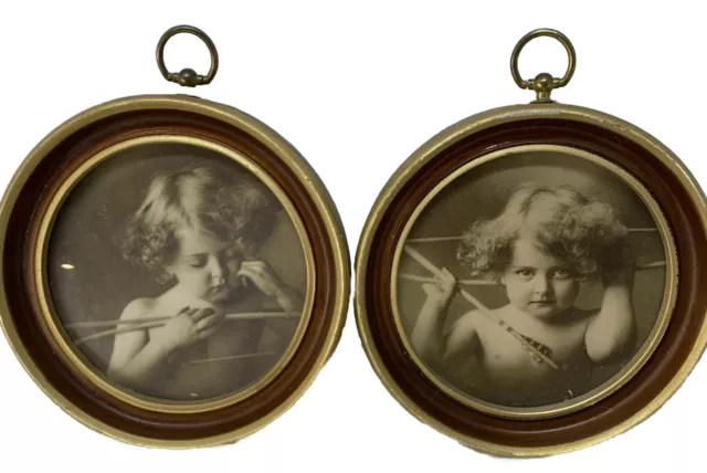 Antique Pair of Cupid Awake/Asleep Photos 1897 M.B. Parkinson 7" Circle Framed
