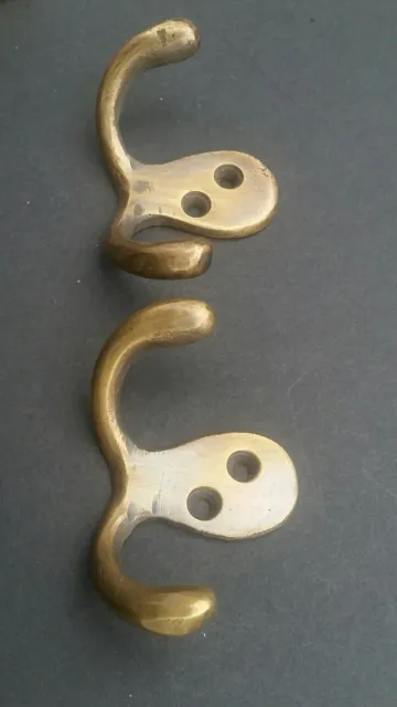 2 Small Double Coat Hat Hooks Solid Brass Antique Vintage style 2 1/2" #C1 3