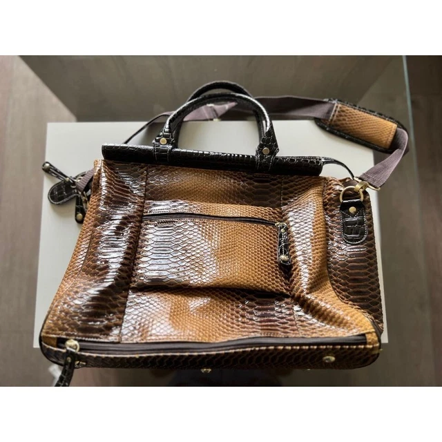 Samantha Brown Tan and Brown Faux Croc Embossed Dowel Weekend Travel Tote Bag 3