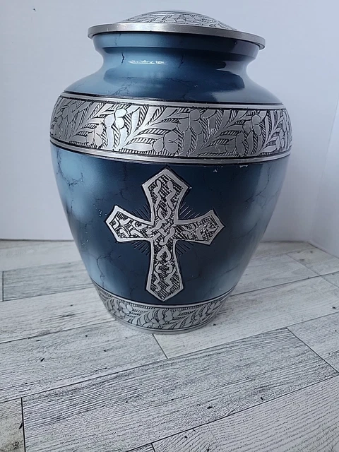 Cremation Urns for human ashes Large Blue With Cross. Cremation Urns for human ashes Large Blue With Cross.