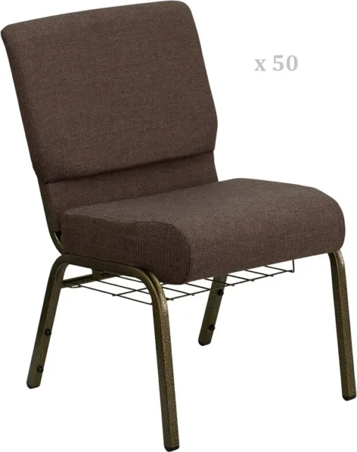 50x Brown 21'' Wide Church Chairs Gold Frame Book Rack 4” Seat Cushion 800 Lb wt