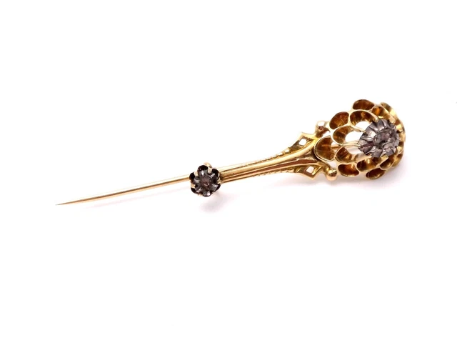 Broche épingle Provençale ancienne pour fichu en or 18k et diamant XIXeme