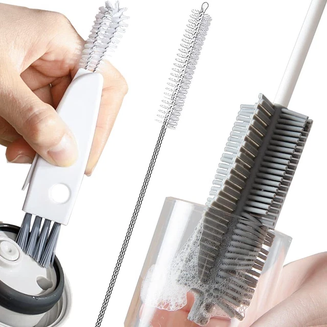 Bottle Cleaning Brush Set, Long Handle Silicone Cleaner Brushes + Lid