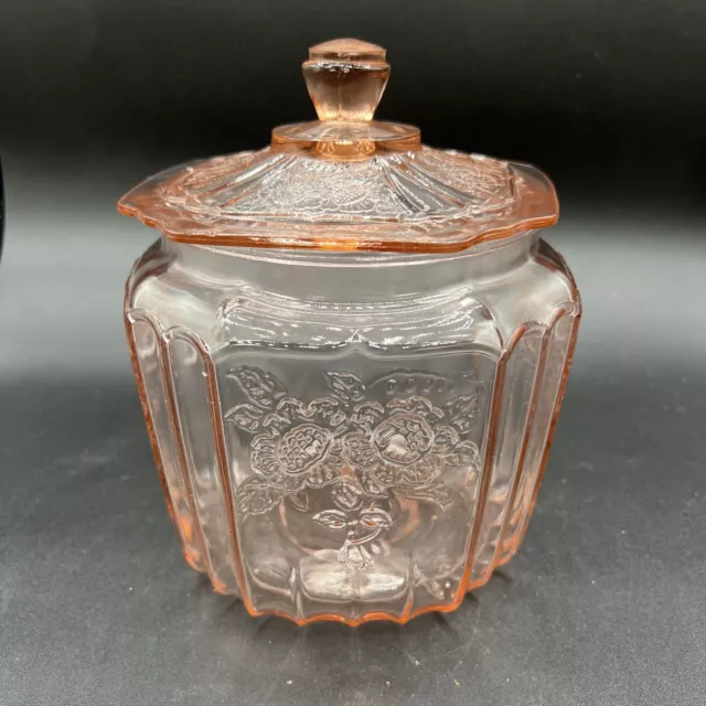 Pink Depression Glass Mayfair Open Rose Biscuit/Cookie Jar Canister Lid c. 1930s